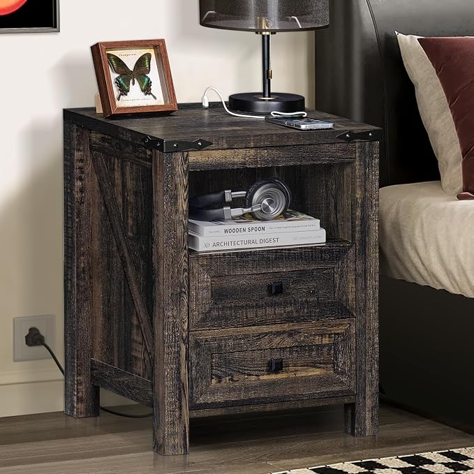 Nightstand with Charging Station and USB Port, Farmhouse Side End Table with 2 - Image 7