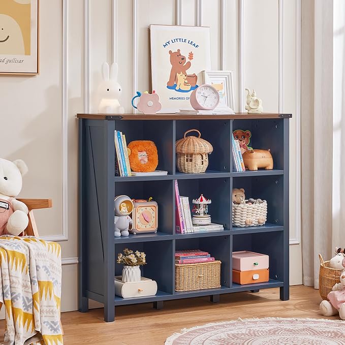 9 Cube Bookcase, Farmhouse 47 Inch Wide Navy Blue Bookshelf, Wooden 3 Tier - Image 8