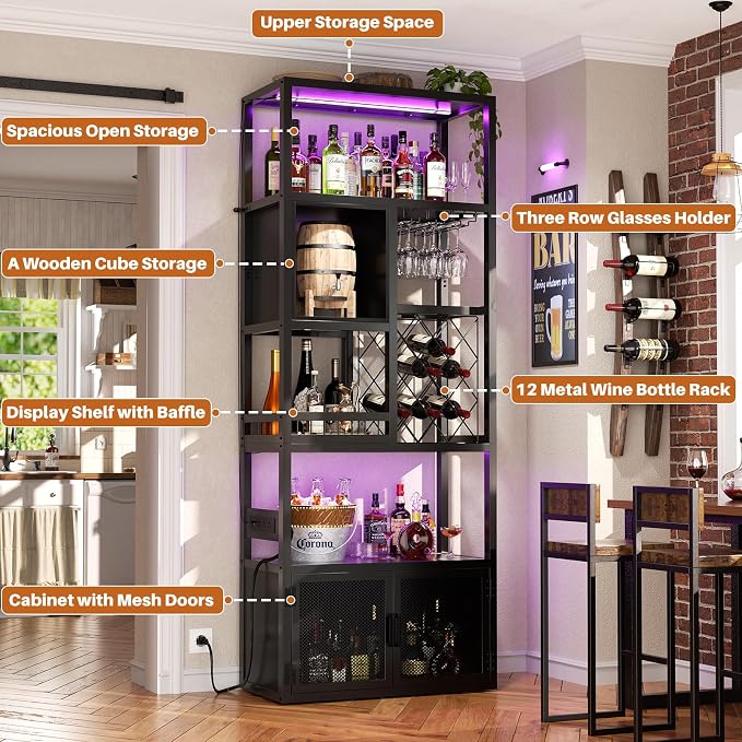 82.6" Tall Bar Cabinet with Power Outlets, 6-Tiers Reversible Wine Cabinet with - Image 6
