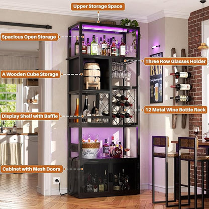 82.6" Tall Bar Cabinet with Power Outlets, 6-Tiers Reversible Wine Cabinet with - Image 6