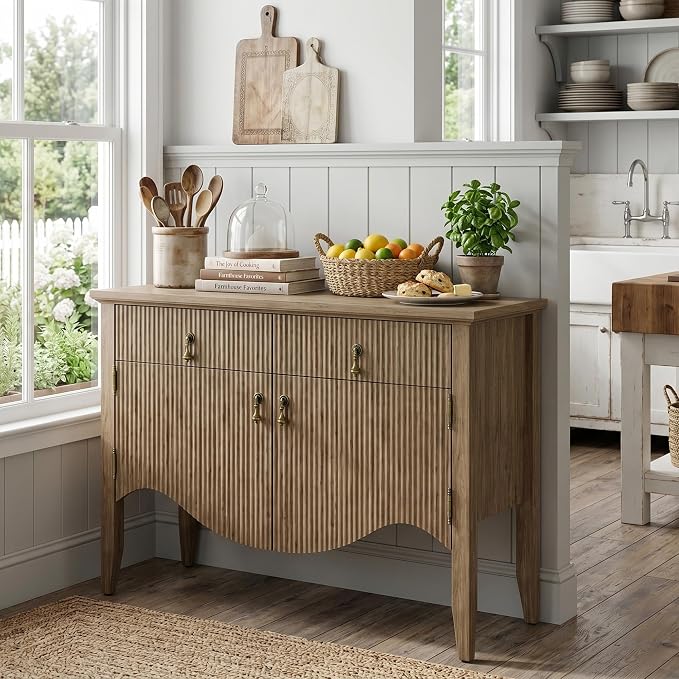 FUSUNBAO 40" Fluted Buffet Storage Cabinet, Sideboard Credenza, Light Oak | - Image 6