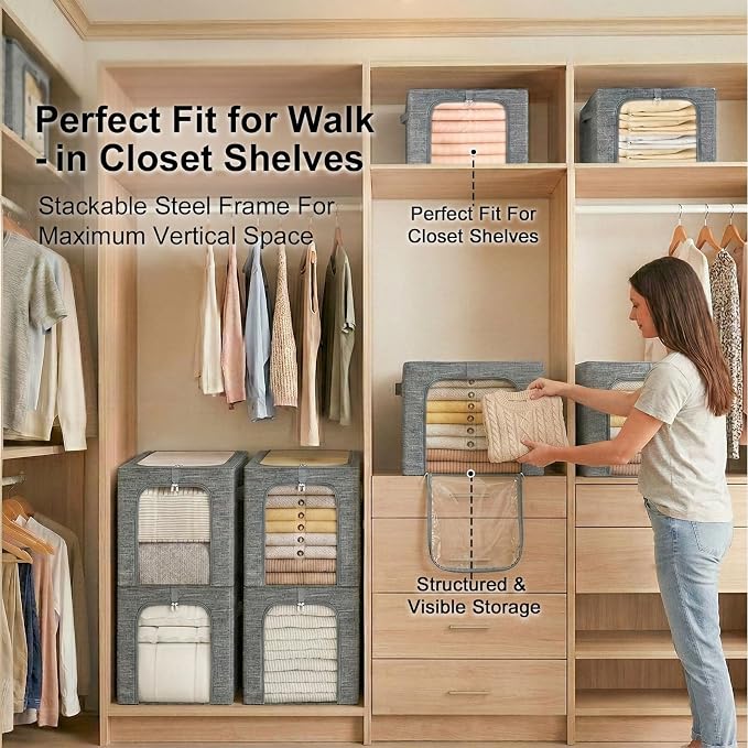 GoMaihe Clothes Storage Bins Metal Frame: 55L Extra Large Stackable Closet - Image 7