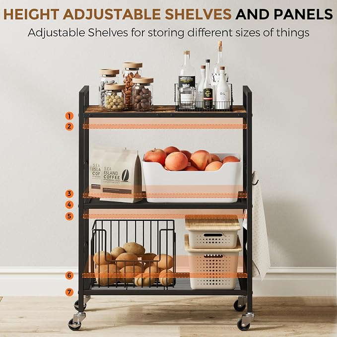 3-Tier Metal Storage Rack with Industrial Wheels, Mesh Shelving Unit with - Image 4