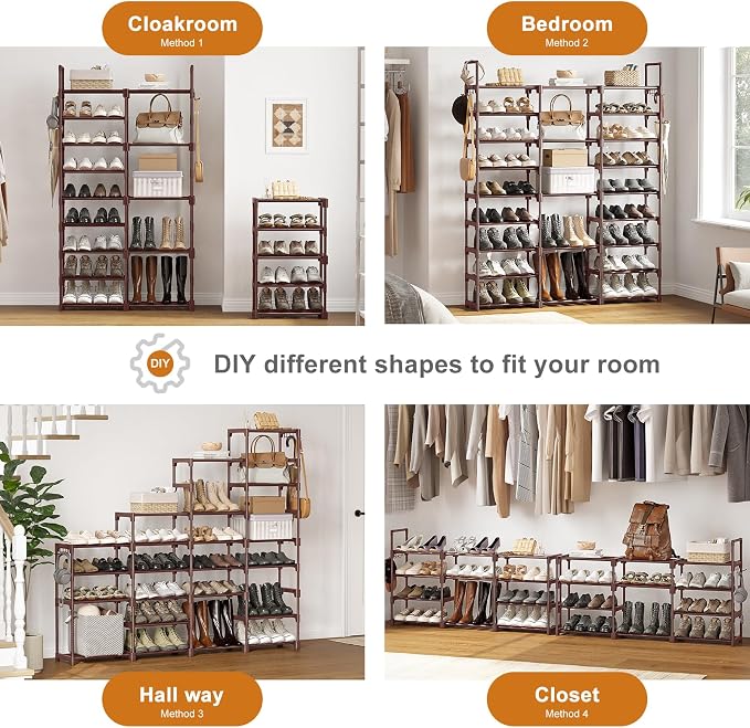 WOWLIVE 9 Tier 3-Column Shoe Rack, 50-55 Pairs Stackable Brown | 50in long - Image 5