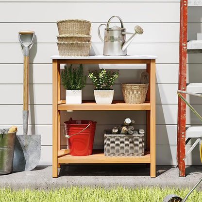 Goplus Patio Wooden Sideboard, 3-Tier Acacia Outdoor Kitchen Buffet Organizer - Image 2