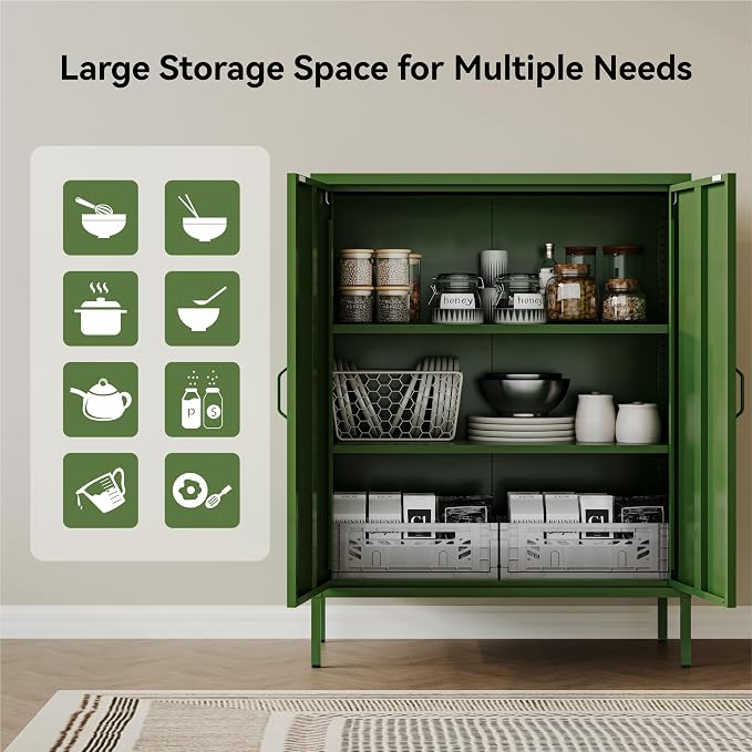 COFaR Forest Green Metal Cabinet, 40” Kitchen Pantry & Coffee Bar Cabinet - Image 6