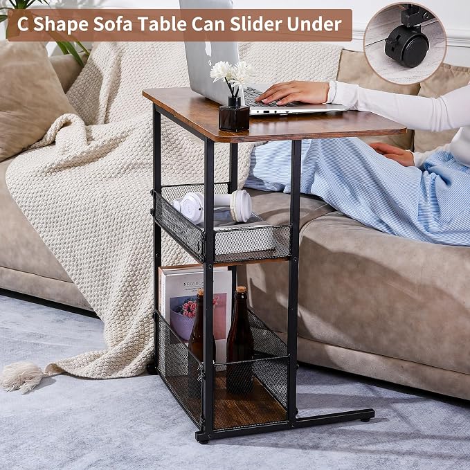 C Shaped End Table with Storage Shelf Basket, Small Couch Table with Wheels - Image 5