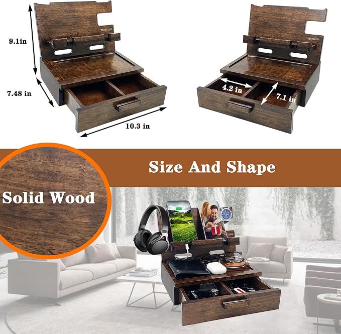 Gifts for Men Women Husband Son Boyfriend Him Nightstand Organizer Wood Phone - Image 3