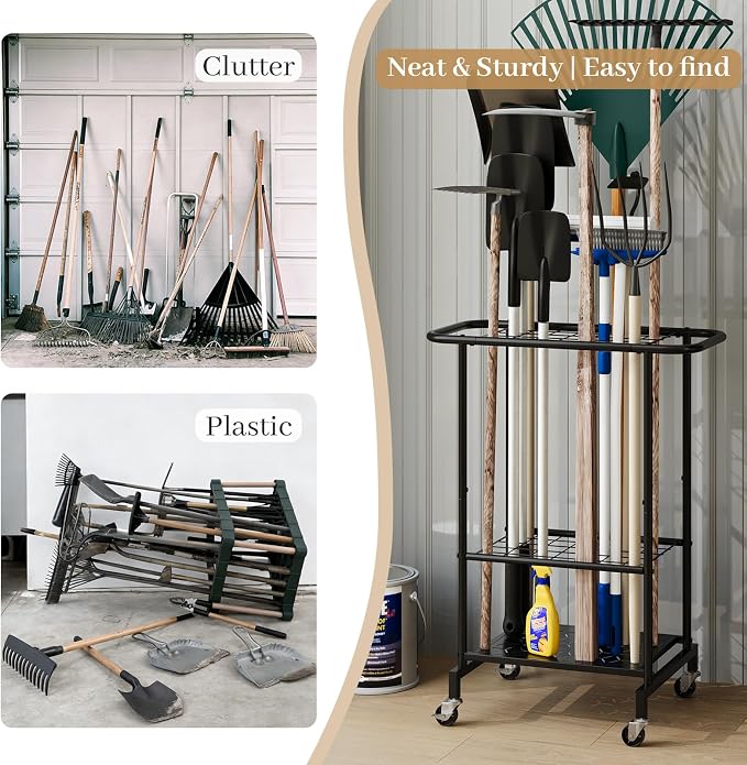 Garden Tool Organizer with Wheels, Heavy Duty Metal Garage Tool Storage Rack - Image 8