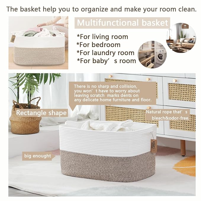COMFY-HOMI Large Laundry for Organizing|Rectangle Cotton Rope Storage - Image 2