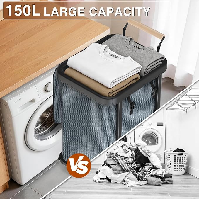 40 Gal Laundry Hamper with Lid, Leather Patchwork Laundry Basket with Rolling - Image 4