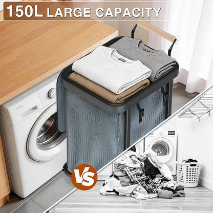 40 Gal Laundry Hamper with Lid, Leather Patchwork Laundry Basket with Rolling - Image 4