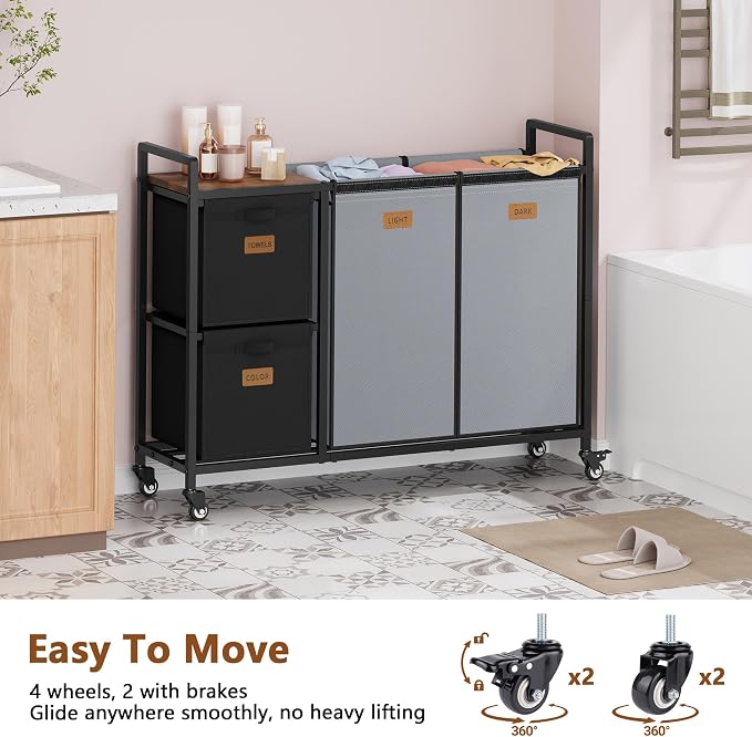 Hoctieon 4 Section Laundry Cart, 48 Gal. Laundry Hamper - Image 6