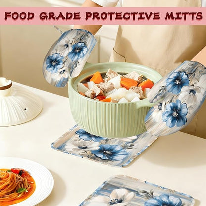 Flower Heat-Resistant Silicone Oven Mitts and Pot Holders, Flower on Marble Art - Image 7