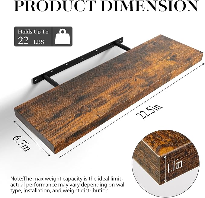 BAYKA Floating Shelves for Wall, 22.5 Inch Rustic Wood Wall Mounted Shelving - Image 3