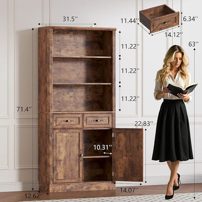 71.4" Tall Bookshelf with Drawers & Cabinet, 5-Tier Floor Standing Bookcase - Image 2
