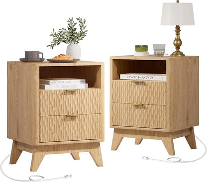 Fluted Nightstand with Charging Station, Bedside Table by COODAY