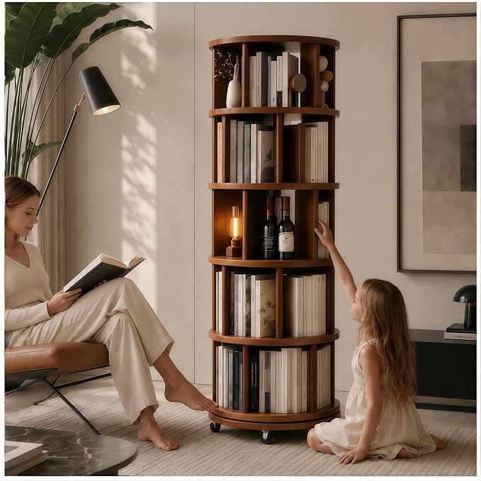 Solid Wood Rotating Round Bookshelf Towers by Unknown