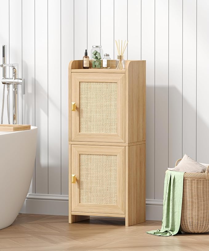 Akxomel Rattan Small Bathroom Cabinet Narrow Toilet Paper Organizer Oak | - Image 5