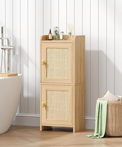 Akxomel Rattan Small Bathroom Cabinet Narrow Toilet Paper Organizer Oak | - Image 5