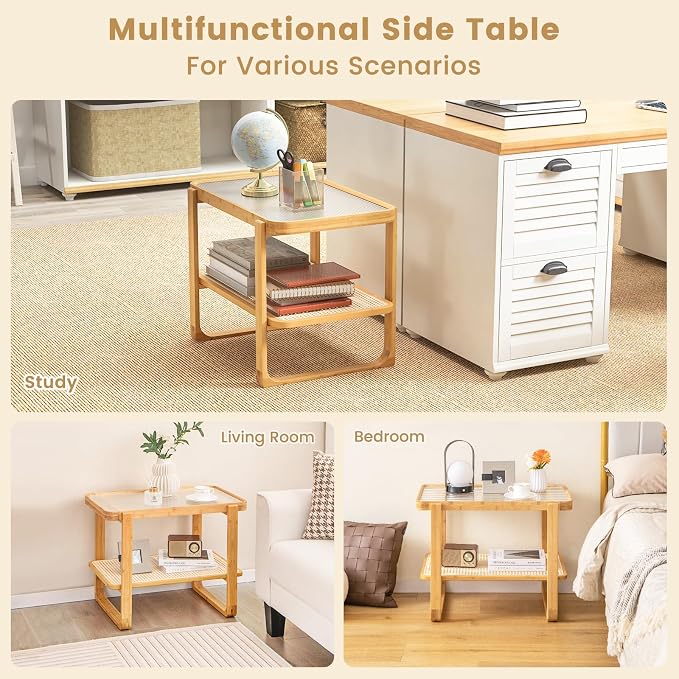 GOFLAME Bamboo Side Table with Glass Top, 2-Tier End Table with PE Rattan - Image 7