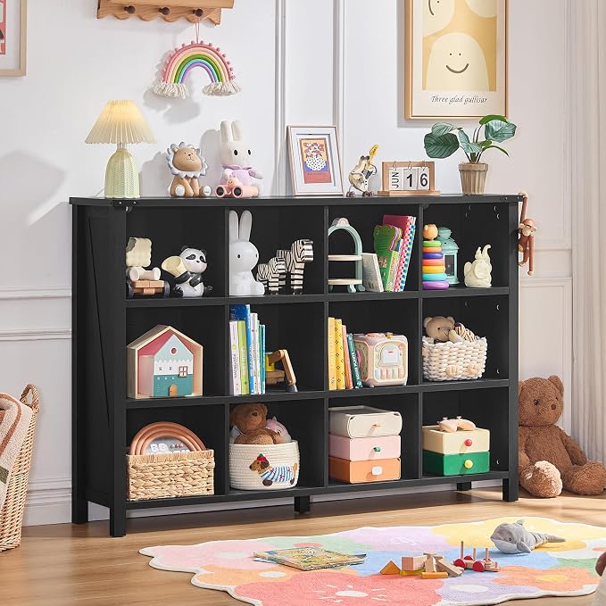 Joaxswe 12 Cube Storage Organizer, Farmhouse 62 Inch Wide Black Oak Display - Image 9