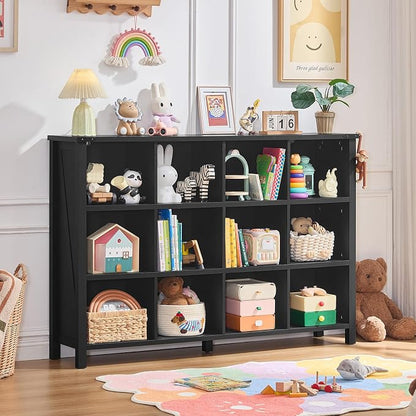 Joaxswe 12 Cube Storage Organizer, Farmhouse 62 Inch Wide Black Oak Display - Image 9