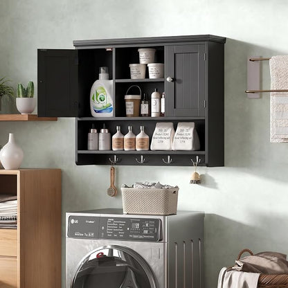 Bathroom Wall Cabinet with Doors and Hooks, 3-Tier Wall Mounted Cabinet | - Image 4