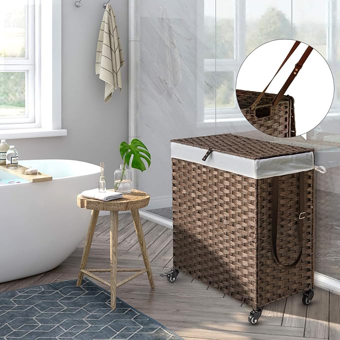 Greenstell Laundry Hamper with Wheels, No Install Needed, 90L Divided Handwoven - Image 3