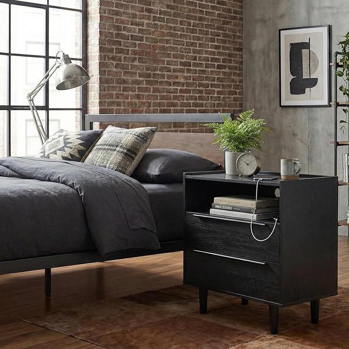 26" Tall Black Nightstand with Charging Station, 2 Drawer Contemporary Modern - Image 8