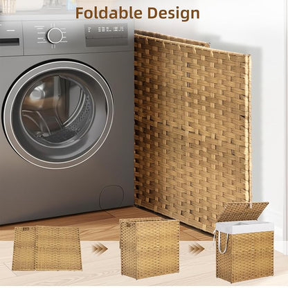 Woven Laundry Basket with Lid, Large Hamper with Removable and Machine-Washable - Image 5