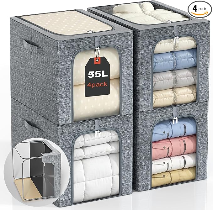GoMaihe Clothes Storage Bins Metal Frame: 55L Extra Large Stackable Closet by GoMaihe