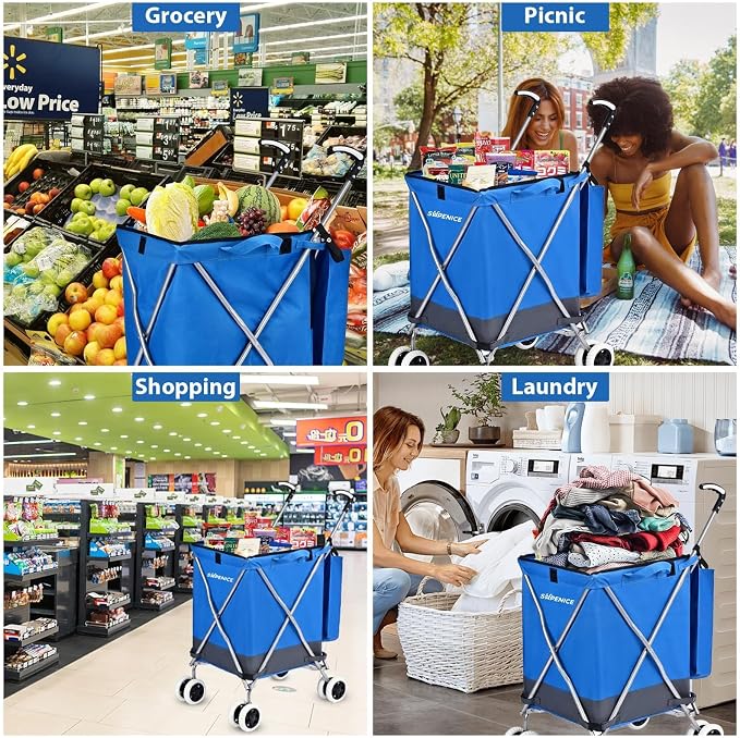 Folding Shopping Cart for Groceries, Water-Resistant Heavy-Duty Canvas Trolley - Image 6