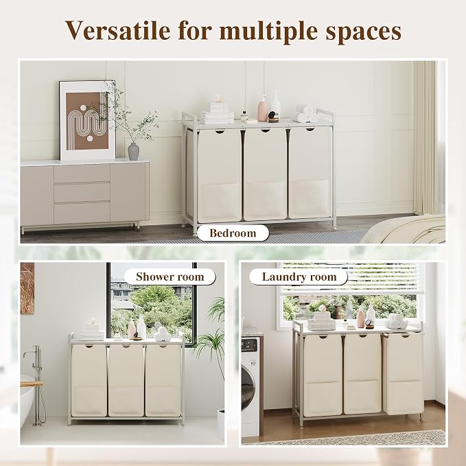 3-Section Laundry Hamper with Shelf, Pull-Out Removable 12.8 gal Bags, Metal - Image 5