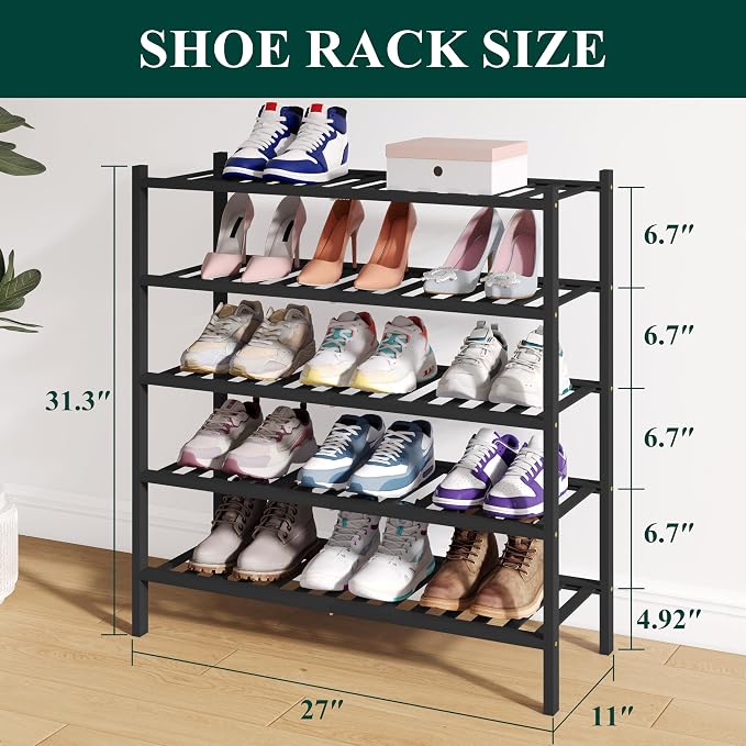 Smiry Bamboo Shoe Rack for Closet, 5 Tier Wooden Stackable Shoe Organizer - Image 2