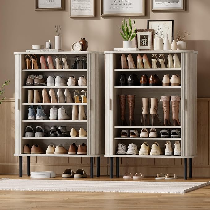 6-Tier Shoe Cabinet with Sliding Door, Wooden Shoe Storage Cabinet with - Image 6