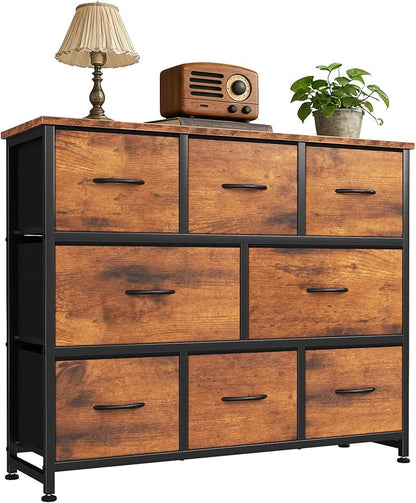 DUMOS Wide Dresser with 8 Fabric Drawers and Wood Top, Bedroom Storage Unit by DumosLifestyle