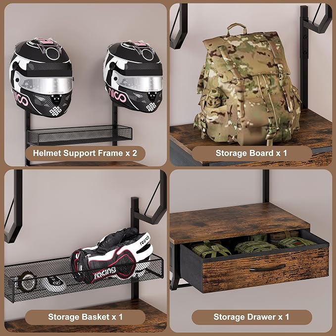 EasyPAG Motorcycle Helmet Holder Wall Mount, 2 Helmet Holder | Drawer and Mesh - Image 5