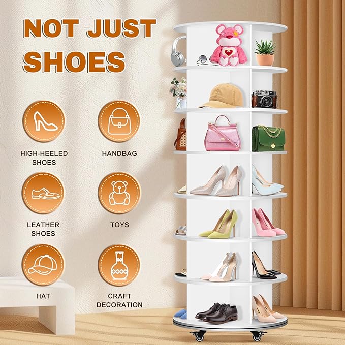7 Tier Rotating Shoe Rack with 4 Universal Wheels, 360° Revolving Free Standing - Image 5