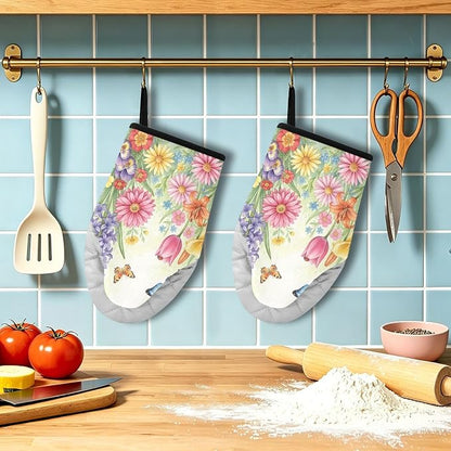 Heat Resistant Oven Mitts, Spring Flowers Floral Butterflies Kitchen Gloves - Image 5