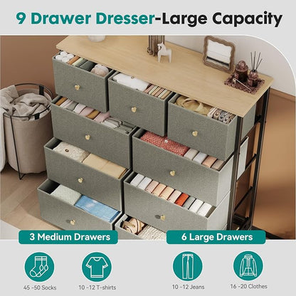 DUMOS 9 Drawer Dresser for Bedroom, Storage Organizer Chest of Drawers | Fabric - Image 6