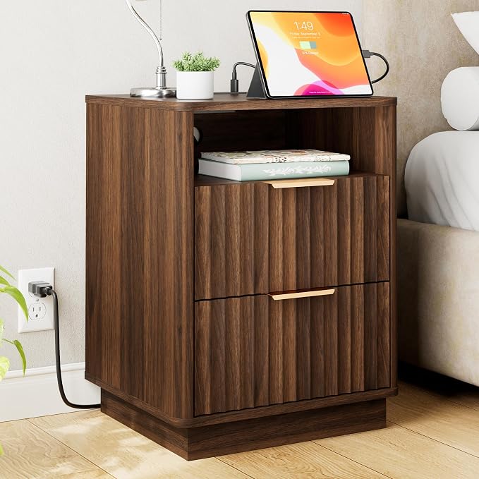 Fluted Night Stand with Charging Station, 2 Drawers End Table with Storage by FavourLife