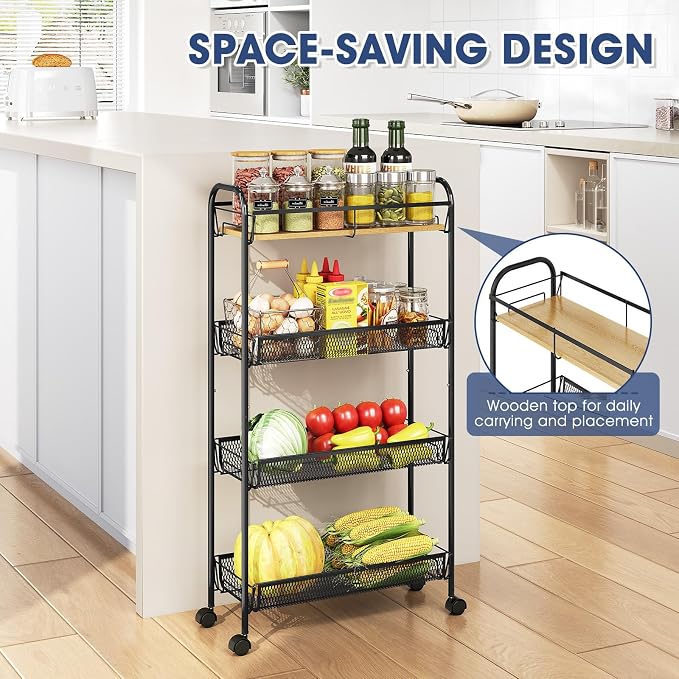 TOOLF 4-Tier Slim Rolling Cart, Metal Utility Cart, Slide Out Storage Cart - Image 4