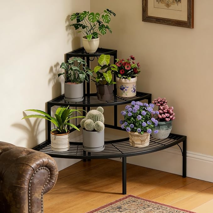 Plant Pot Stand Shelf, 3 Tier Flower Quarter Display Rack, Metal Succulent - Image 6