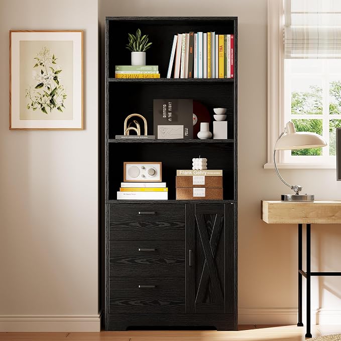 IRONCK Bookshelf with Door and 3 Drawers, 71in Tall Bookcase Shelf with 3-Tier - Image 2