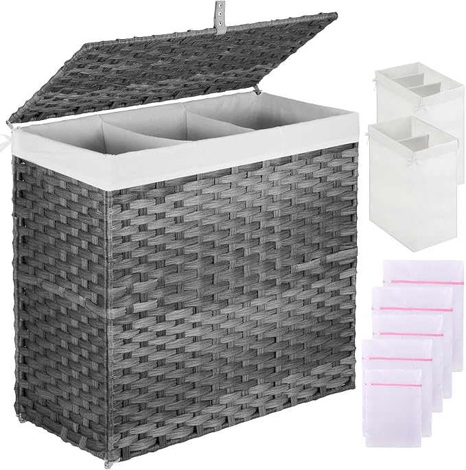 Greenstell Laundry Hamper with Lid, 125L Large Clothes Hamper with 3 Section & by Greenstell