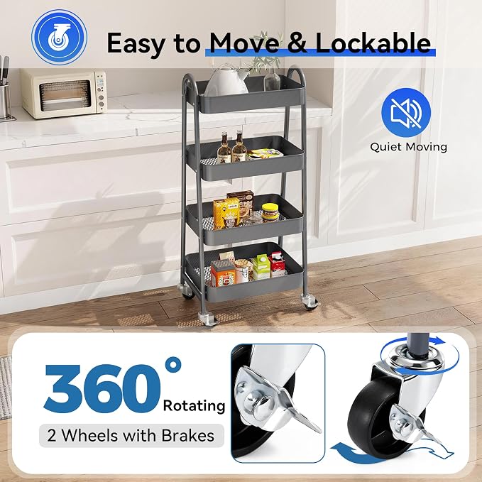 OLIXIS Metal 4 Tiers Utility Rolling Cart, Mobile Storage Shelf - Image 3