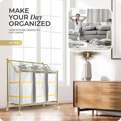 LUXURY STYLE 3- Sections Laundry Sorter, Roling Laundry Cart, Modern Golden - Image 2