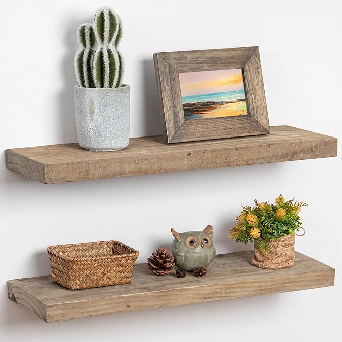 Floating Shelves, 8 Inch Deep Rustic Solid Reclaimed Wood Wall Shelves by FLYJOE