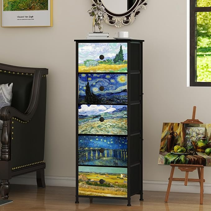 Dresser with 5 Drawers Narrow Tall Nightstand Van Gogh Dresser - Image 6